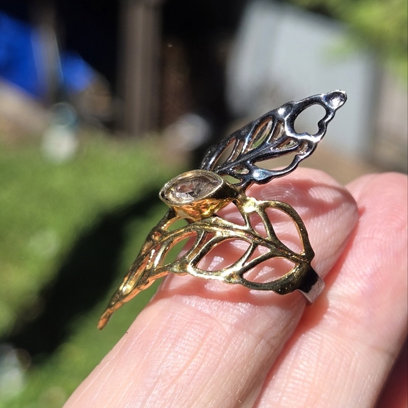 Herkimere diamond 🍃 🍂 leaf sterling rhodium & gold ring sz7.5 - Picture 3 of 7